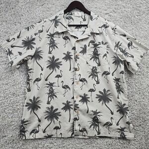 Barefoot In Paradise Hawaiian‎ Shirt Mens Large Gray Button Up Flamingos Palm